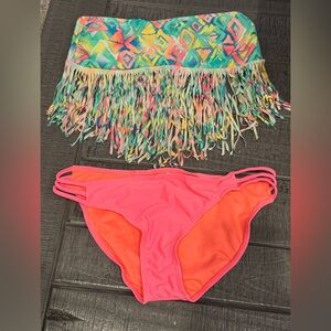 Malibu Pink and Green Fringe Bikini Set